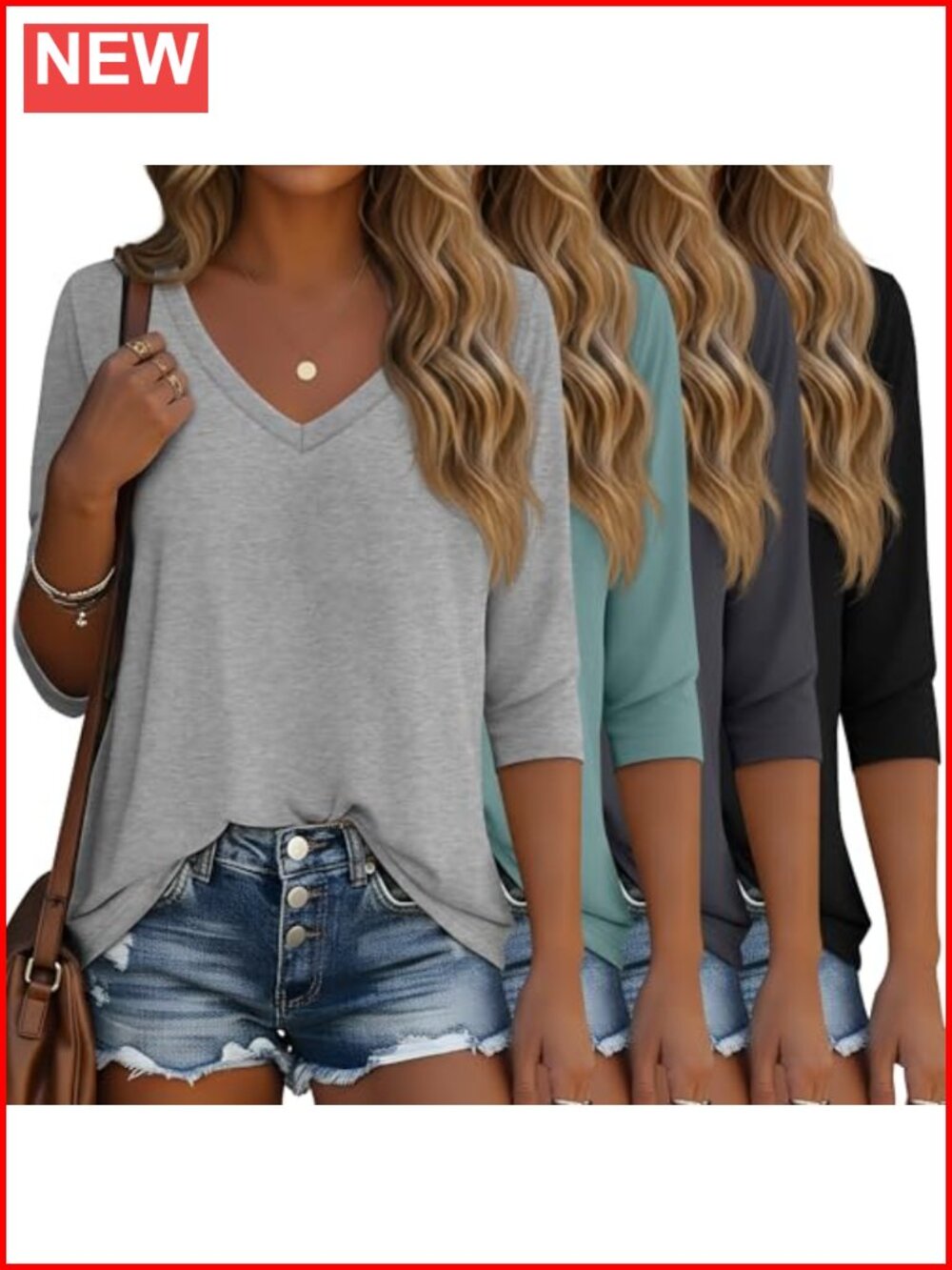 Women's 3/4 Sleeve V-Neck Cotton Spandex Tunic Tees 4 Pack